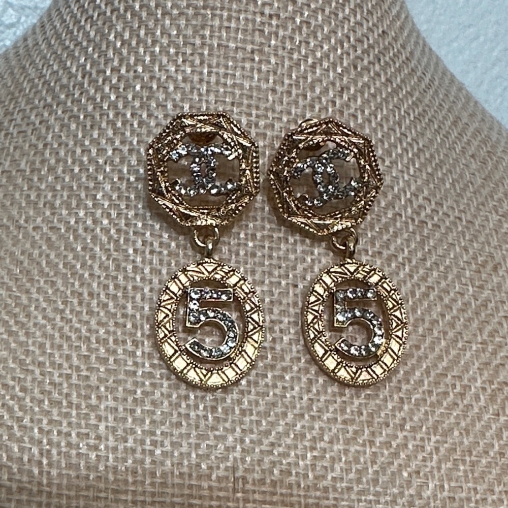 CHANEL Gold and Silver Number 5 Earrings - Picture 2 of 5